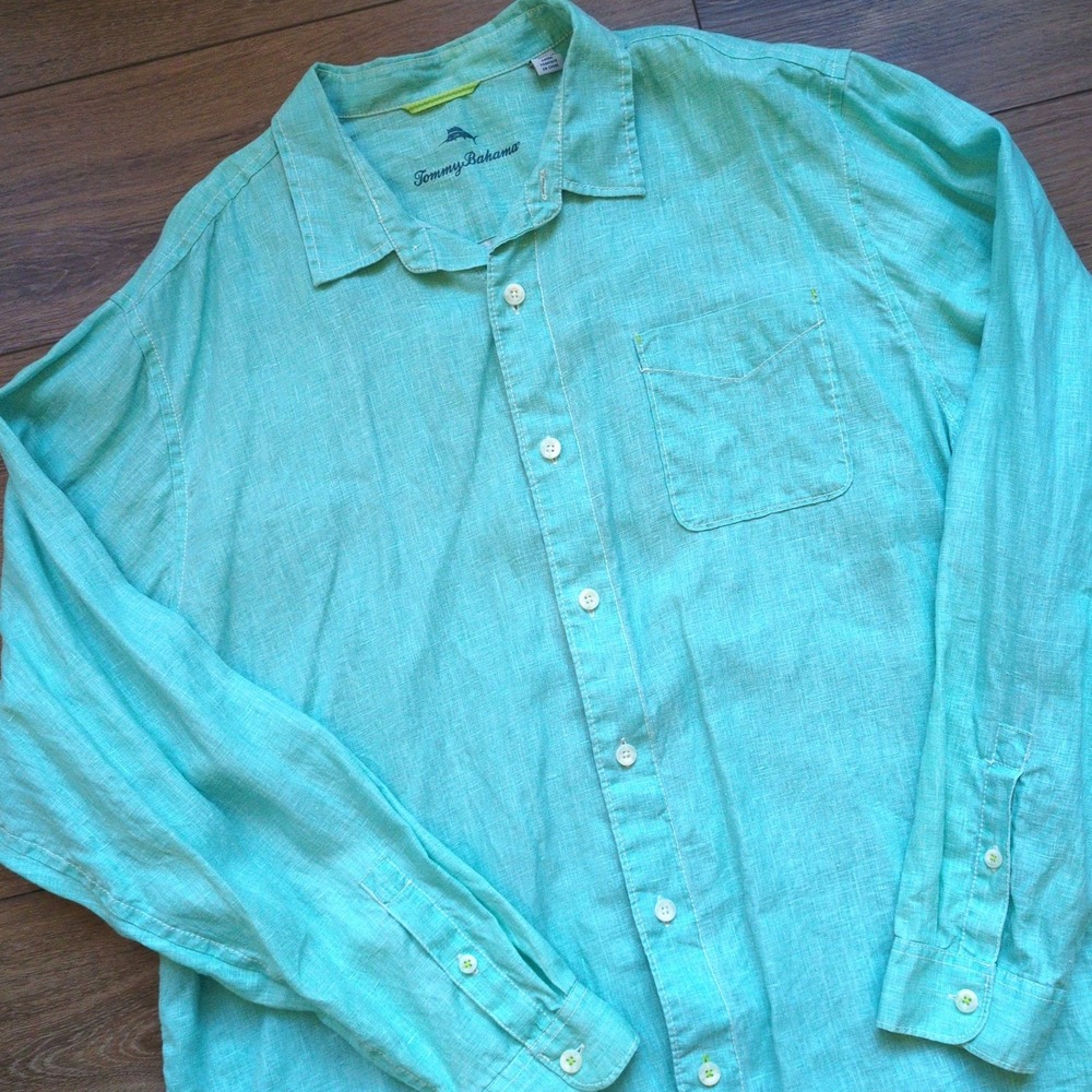 Tommy Bahama 100% Linen Button Down Shirt Aqua Turquoise Blue Long Sleeve 2XLT